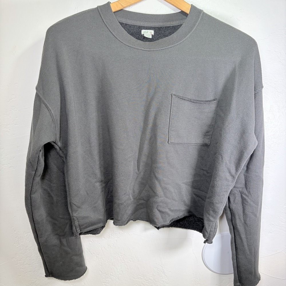 Aerie Terry Cropped Sweatshirt Pocket Oversized Grey Long Sleeve M Comfy‎ Moody